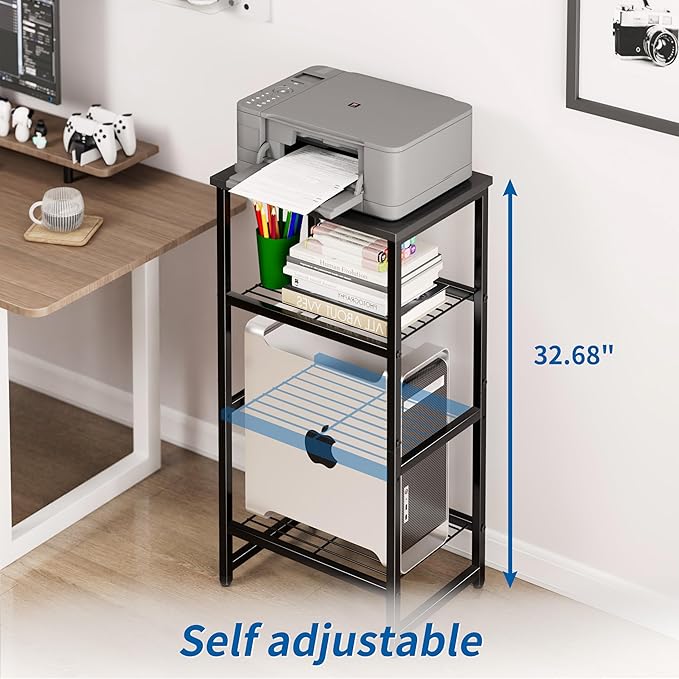 Printer Stand Holder 4 Tier - Heavy Duty Metal Shelving Unit for Printer Shelf Office Organizer, Industrial Printer Side Table with Wood Desk for Scanner Fax Machine, Black