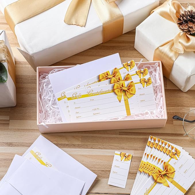 Sinmoe 50 Sets Gift Certificate for Business with 50 Pcs Envelopes Blank Gift Certificate Cards with Name and Address Rustic for Beauty Salon Restaurants Birthday(4.72 x 2.36 Inch, Gold Ribbon)