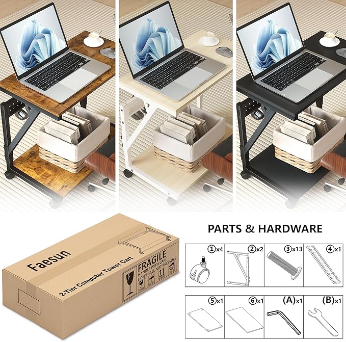 Computer Tower Cart - Height Adjustable PC Stand, 2-Tier ATX-Case CPU Holder Home Office Gaming Desk Accessories with Rolling Lockable Wheels, Laptop Table Standing Computer Desk, Rustic Black