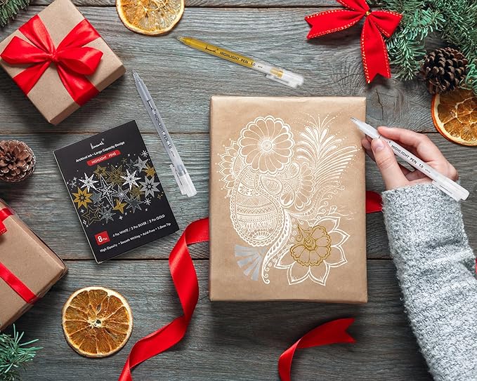 White Gold and Silver Gel Pen Set, 1mm Extra Fine Point Pens Gel Ink Pens Opaque Archival Ink Pens for Black Paper Drawing, Sketching,Card Making, Illustration, Bullet Journaling, 8 Pack