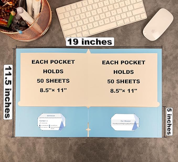 BIBRADAA® 50 Packs Blue Folders with Pockets,File Folder with Pockets Fit Letter Size Paper,File Folders Letter Size,Durable Paper Folders for School, Office, Business. (50, Light Blue)