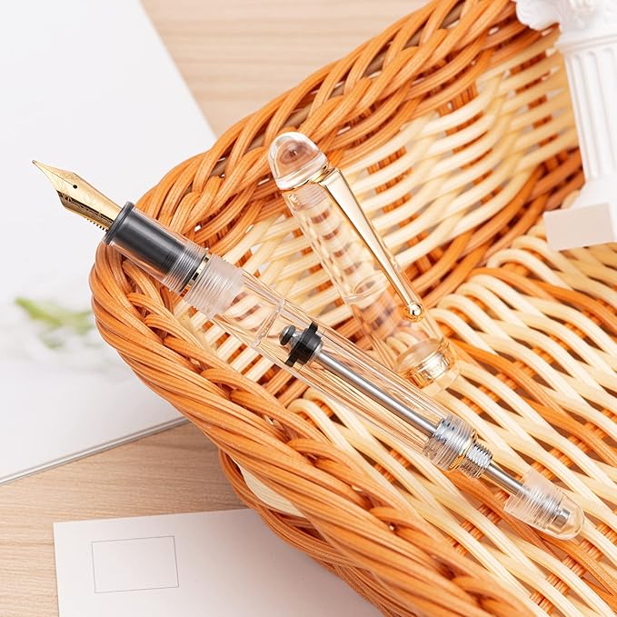 Asvine V126 Vacuum Filling Fountain Gold Plated Fine Point, Clear Demonstrator Pen, Large-Capacity with Gift Case