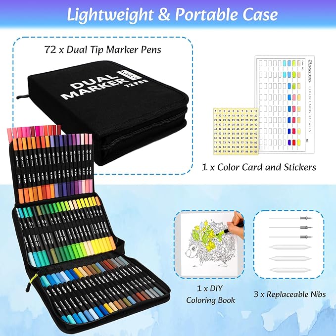 Markers for Adult Coloring Books, 72 Colors Art Markers Set Dual Tip Brush Pen, Coloring Marker Fine Point No Bleeding, Art Supplies for Calligraphy, Journaling, Sketching & Lettering with Case