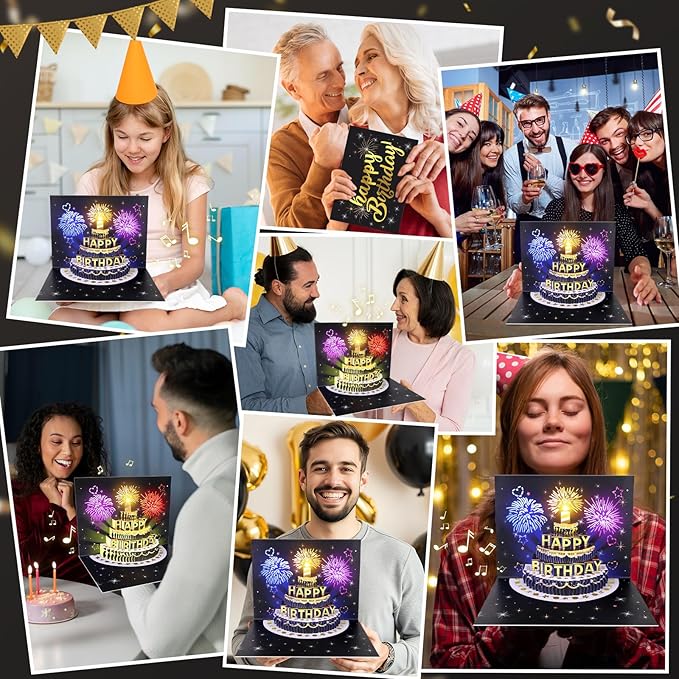 Birthday Cards Birthday Gifts for Women Fireworks Pop Up Cake Light and Music Happy Birthday Card Gift for Women, Men, Mom, Grandma