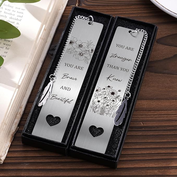 Inspirational Metal Bookmark Gift - 2 PCs You are Brave Stronger Than You Know Bookmarks Reading Women Girls Flower Motivational Appreciation Book Marks Pendant Family Friends Birthday