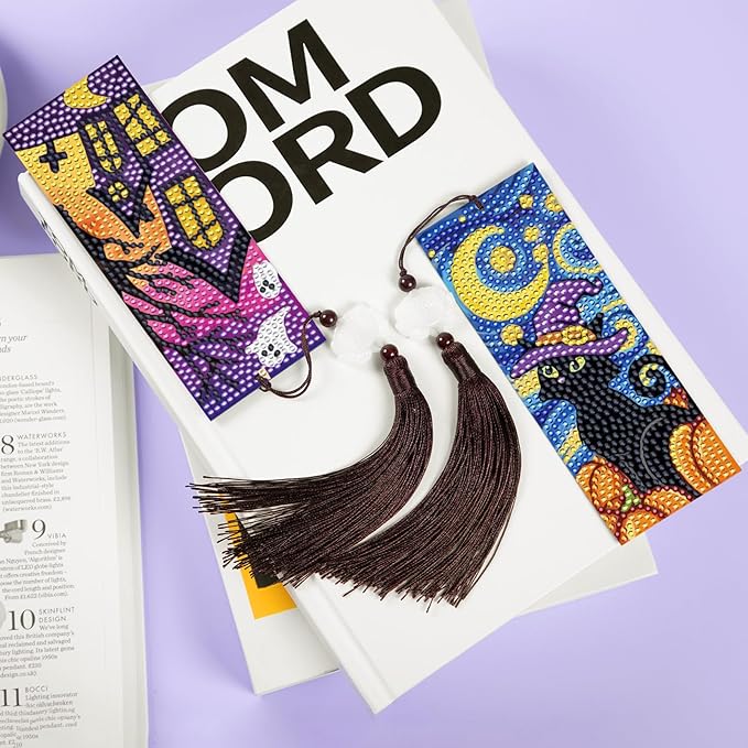 Anseal Halloween Diamond Painting Bookmarks for Book Lovers, Rhinestone PU Leather Diamond Art Bookmark for Women Girls, Tassel Beaded Book Mark for Graduation Birthday Reading Present (Halloween)