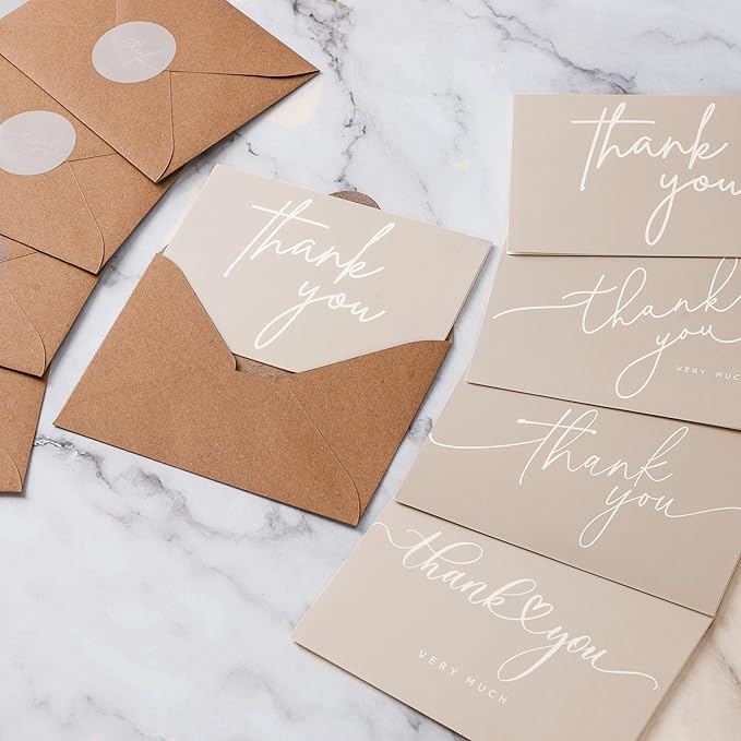 100 Bulk Khaki Thank You Cards with Kraft Envelopes and stickers - 4 Minimalistic Designs Blank Thank You Notes with Envelopes beige for business Wedding Bridal Gift Baby Shower Business Graduation