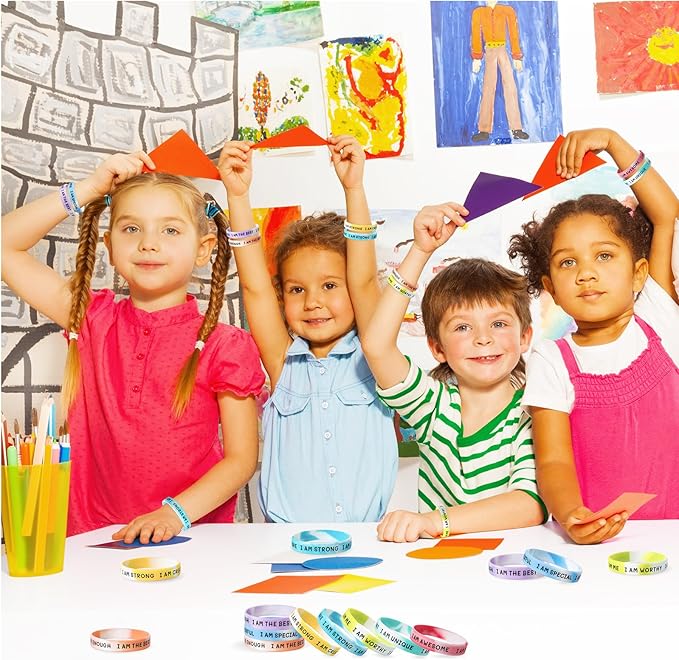 100 Pieces Students Inspirational Silicone Wristbands Motivational Quotes Rubber Bracelets for Kids Students Back to School Gifts (Swirl Colours)