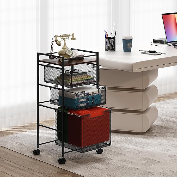 EasyPAG Rolling File Cabinet, Metal File Organizer Storage Cart, Mobile File Cart with Removable Drawers with 4 Swivel Casters Rolling Wheels Cart, 1 File Drawer and 2 Small Drawers, Black