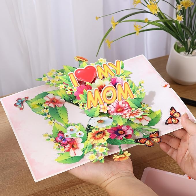 I Love My Mom Pop Up Card Mothers Day, Happy Mothers Day Pop Up Card, 3D Flower and Butterfly Greeting Cards Gift For Mom, Wife, Mother in law All Occasion, 8" X 6" With Envelope and Note Tag
