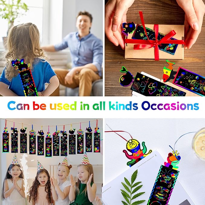 100Pcs Scratch Art Bookmarks Making Kit for Kids, Scratch Paper DIY Animal Bookmarks Bulk with 100 Pcs Ribbons and 100 Pcs Wood Stylus for Classroom Activities Craft Supplies Party Favors