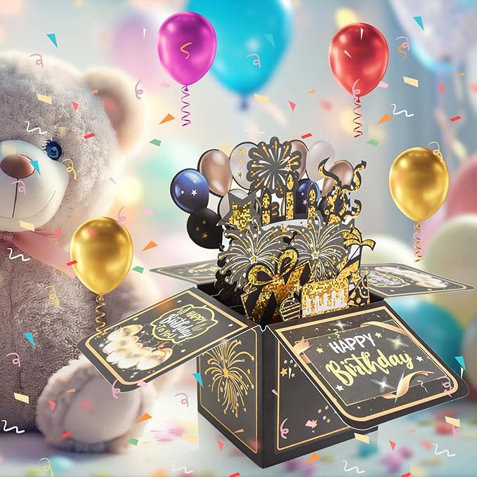 Surprise Pop Up Happy Birthday Cards, Lovely 3D Birthday Card for Adults and Kids with Envelopes, Unique Design Handmade Foldable Greeting Cards for Daughter, Son, Mom, Dad, Friend(Black)