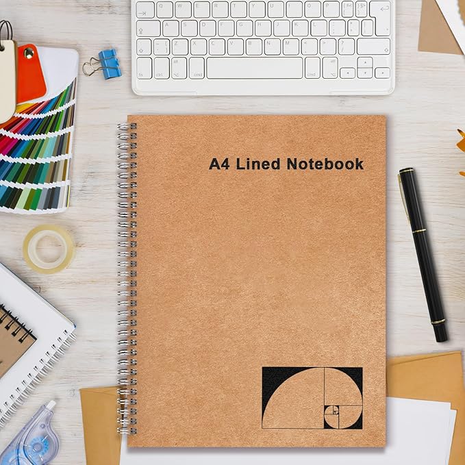 A4 Lined Spiral Notebook, 2 Pack Large Spiral Journal for Writing, 200 Pages 100gsm Thick Lined Paper Notebooks for Work, Class, Taking Notes, Drawing - Kraft Brown Cover, 8.5" x 11"