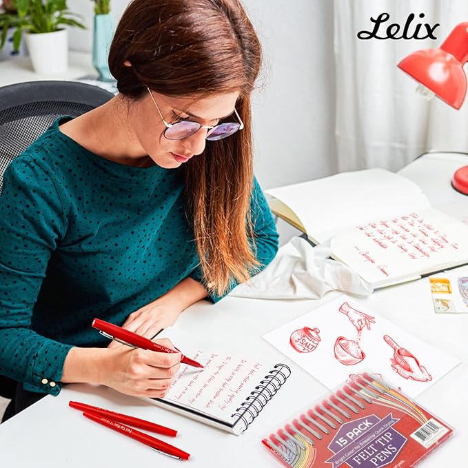 Lelix Felt Tip Pens, 30 Red Pens, 0.7mm Medium Point Felt Pens, Felt Tip Markers Pens for Journaling, Writing, Note Taking, Planner, Perfect for Art Office and School Supplies