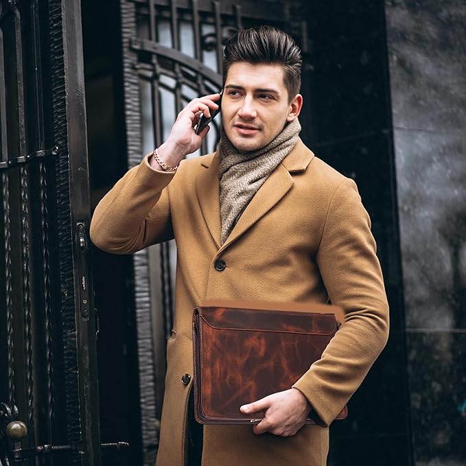 AZXCG Leather Portfolio with Zipper, 3 Ring Binder Resume Padfolio Folder, Professional Planner with A4 Notebook Holders, Business Document Organizer for 13.3" Laptop, Gift for Women/Men, Oil Wax