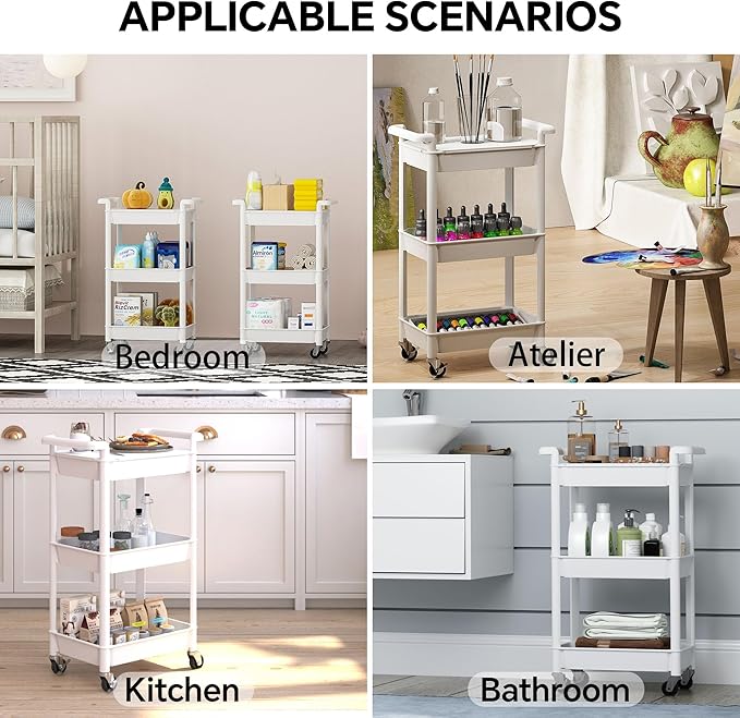 3-Tier Utility Rolling Cart with Cover Top Board, Mobile Utility Cart with Lockable Casters Multi-Functional Storage Trolley for Office, Bathroom, Kitchen, Garden, Laundry Room (White)