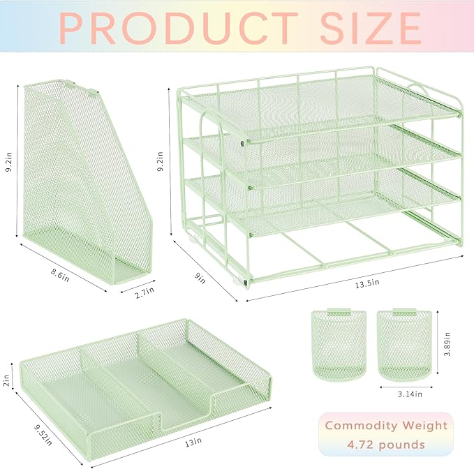 Desk Organizers and Accessories, Desk Accessories & Workspace Organizers for Office Supplies, File Organizer Desk Drawer Organizer with 2 Pen Holders, 4 Tier Paper Organizer for Desk(Green)
