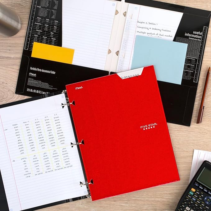 Five Star 4 Pocket Folders, 6 Pack, Paper Folders, Fits 3-Ring Binders, Holds 8-1/2" x 11" Paper, Writable Label, Black, Fire Red, Forest Green, Pacific Blue, White, Amethyst Purple (38058)