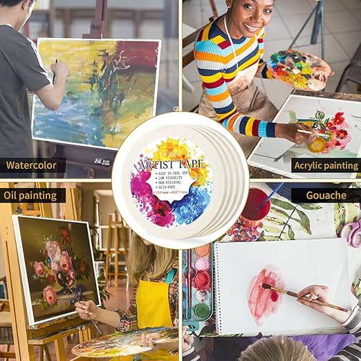 4 Packs White Artist Tape for Watercolor Paper Drafting Art Low Tack Masking Tape Acid Free Painter Watercolor Tape for Painting Canvas Framing, 0.25inch Wide 660FT Long Total