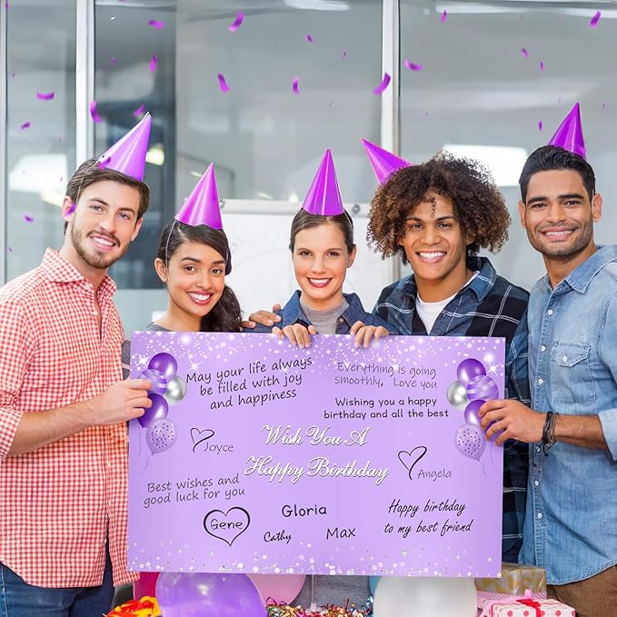 Zirtorei Jumbo Birthday Card with Envelope, Giant Guest Book Happy Birthday Greeting Cards for Women, Large Birthday Card Gifts Party Supplies, Purple Silver Extra Big Birthday Card Decor