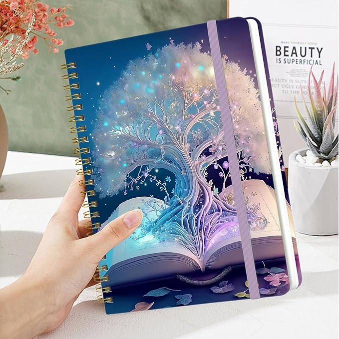 Yoiilifee Spiral Notebook - A5 Spiral Notebooks, 8.3'' × 5.8'', 160 Pages, Aesthetic Journaling Notebooks for Women, College Lined Notebook with Elastic Closure, Back Pocket, for School Office, TreeA