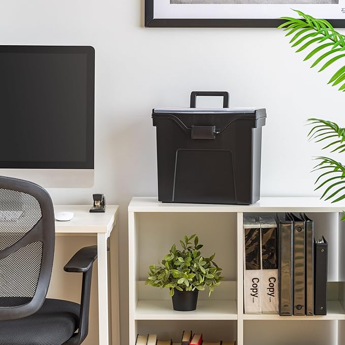 IRIS USA File Box Slim with Lid File Organizer for Letter File w/ Organizer-Lid, Water Resistant Document Box, Plastic Mobile Filing Organizer, Secure Buckle, Portable Handle, Lockable, Black 4 Pack