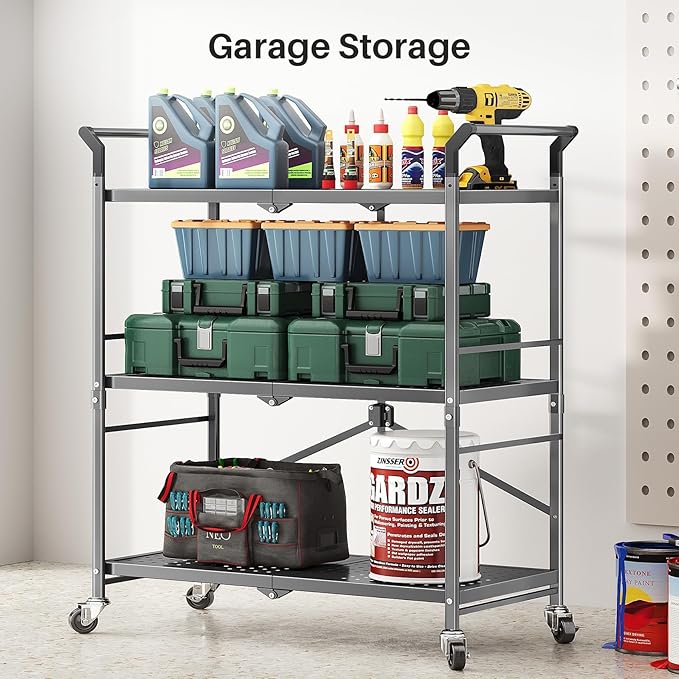 Rolling Utility Cart Folding Cart with Wheels - 3 Tier Collapsible Metal Cart, Large Capacity