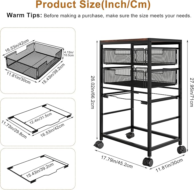 EasyPAG Rolling File Storage Drawer Cart with Wheels Letter & Legal Size Hanging File Folder Rack Mobile File Folder Rack with Pull-Out Drawer for Home Office 1 Folder Rack and 2 Small Drawers, Black