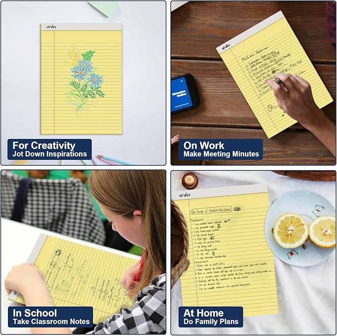 ViVin Legal Pads 8.5 x 11 Inch, Wide Ruled Note Pads, 12 Pack, 50 Sheet/Pad, Perforated Writing Pads, Notepads for Office Home School, 600 Sheets (12 Pack of 50), Canary Yellow Paper