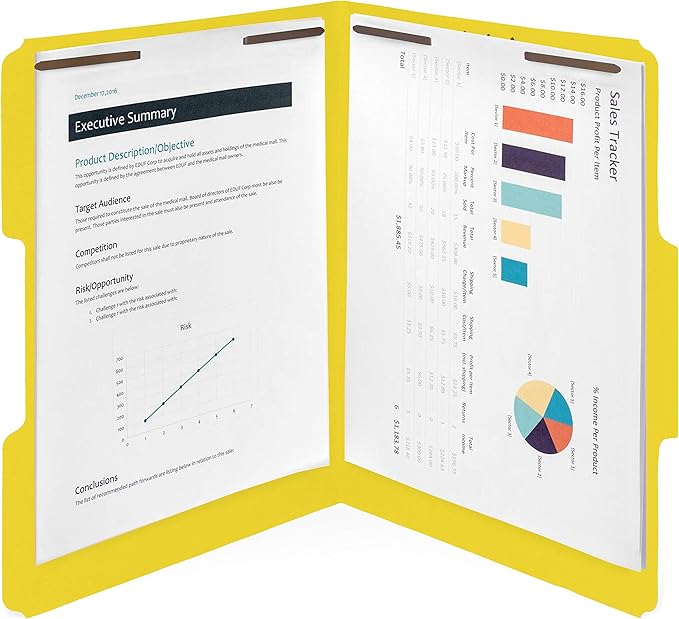 50 Yellow Fastener File Folders - 1/3 Cut Reinforced Tab - Durable 2 Prongs Bonded Fastener Designed to Organize Standard Medical Files, Office Reports - Letter Size, Yellow, 50 Pack