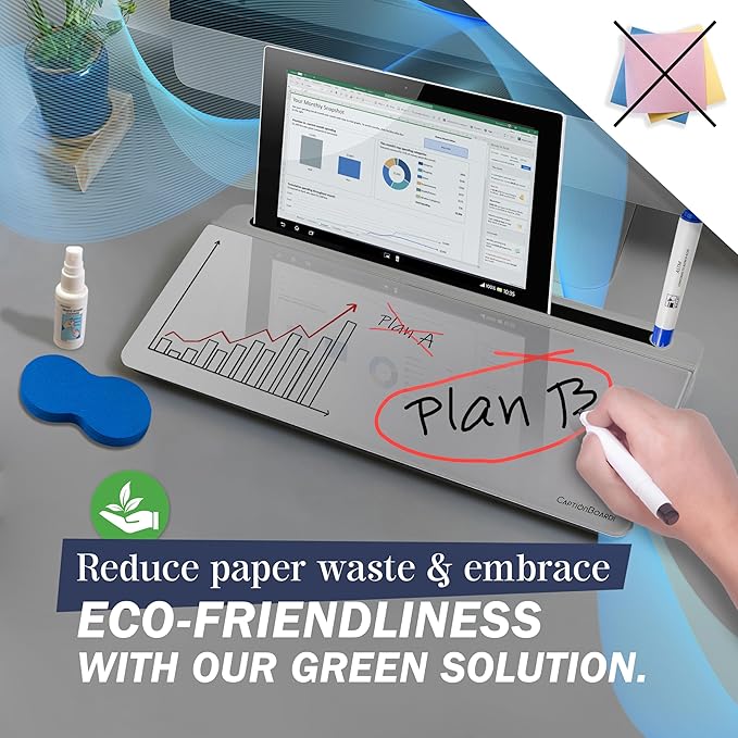 15-Inch Desktop Whiteboard - Glass Dry Erase Board for Desk Whiteboard with Stand with 3 Markers, Spray Bottle, 3 Cable Holders & Storage Box Work from Home Office Gadgets, Grey