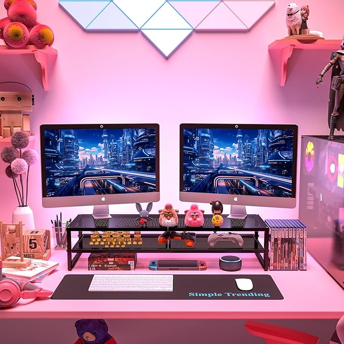 Simple Trending 2 Tier Metal Dual Monitor Stand Riser,Computer Office Desktop Organizer for 2 Monitors With 32"x10" Mouse Pad ,for Laptop,Printer,TV,Black