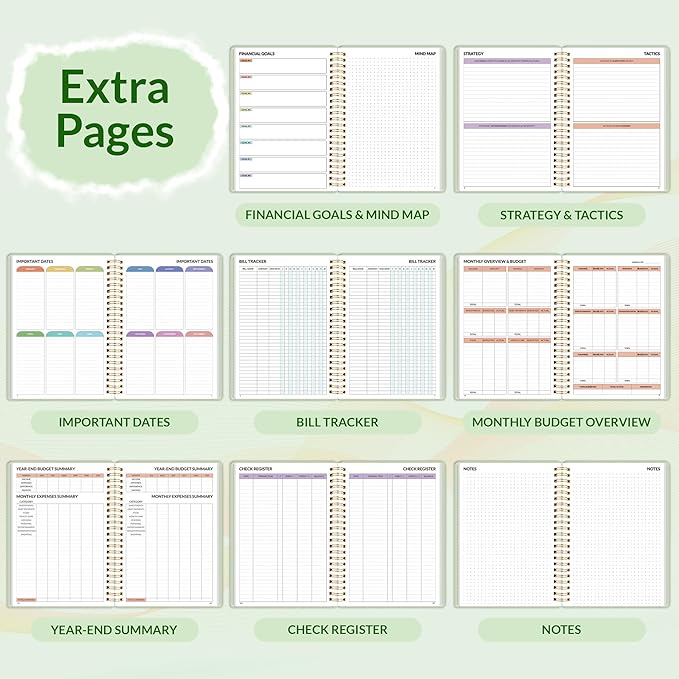 SUNEE Budget Planner - Monthly Budget Book with Expense Tracker Notebook, Undated 12 Month Bill Organizer & Finance Planner to Manage Your Money, A5(6.4" x 8.3") Account Book with Colorful Tab, Green