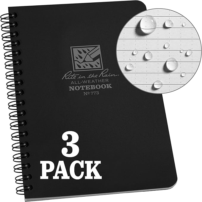Rite In The Rain Weatherproof Side Spiral Notebook, 4.625" x 7", Black Cover, Universal Pattern, 3 Pack (No. 773L3)