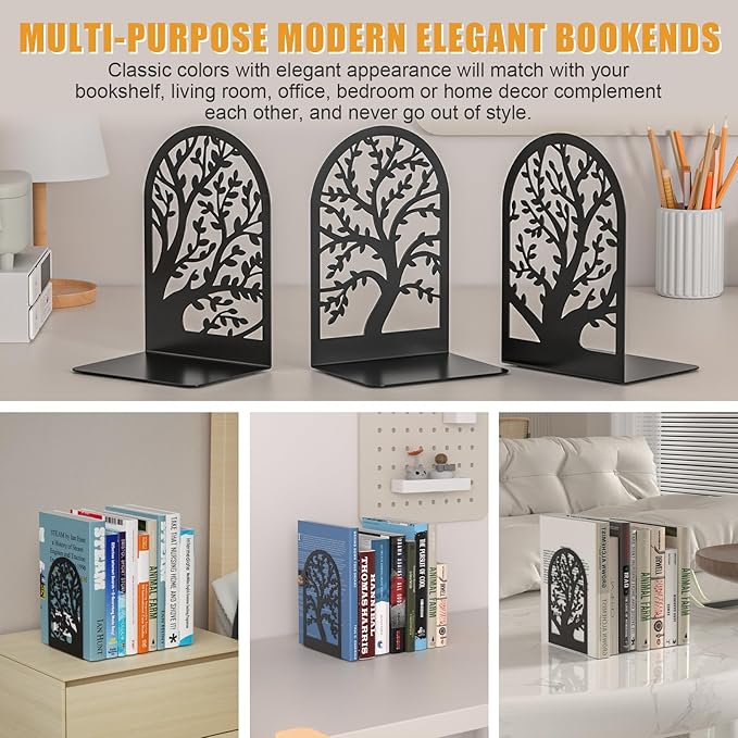 VFINE Bookends 3 Pairs, Decorative Book End, Bookends for Shelves, Book Ends for Shelves, Book Stopper Book Ends to Hold Books, Book Stopper, Unique Black Metal Tree Book Ends for Home School Office