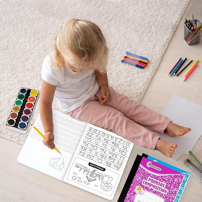 5 Pack Primary Composition Notebook, 200 Pages (100 Sheets), Drawing Story Journal Writing Notebook, 9-3/4 x 7-1/2, Primary Composition Notebook for Kids, Grades K-2, With Header For Drawing