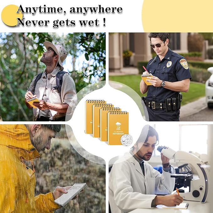 Waterproof Notebook, 4 Pack Top-Spiral Pocket Notepad, 3" x 5" Weatherproof NotePad, All Weather Police Pocket Notebook Little Memo Steno Note Pads for Outdoor Office School Recording, Black