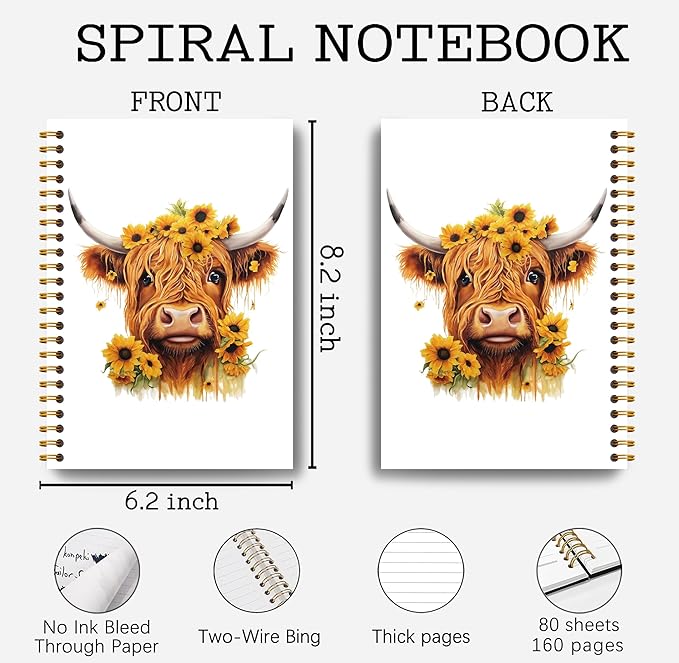 Sunflower Highland Cow Notebook - Western Notebook, Cow Notebook, Highland Cow Office Supplies, Highland Cow Gifts, Cow Stuff, Farmhouse Highland Cows Spiral Notebook 5.5x8.3