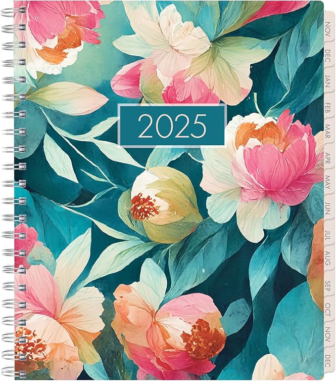 Essential PRO 2025 Daily, Weekly & Monthly Planner, 8.5"x11": 14 Months (Nov 2024 - Dec 2025) Monthly Tabs,Daily Tracking,Notes Pages,Storage Pocket,Bookmark w Sticky Notes (Teal Floral)