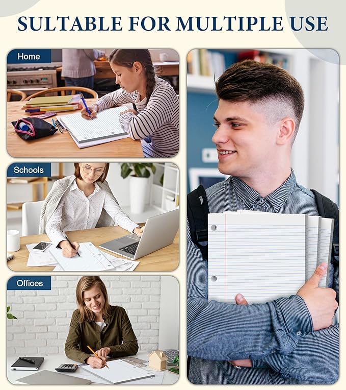 Loose Leaf Paper, Notebook Paper, 8 x 10.5 College Ruled Paper, 3 Hole Punch Binder Paper, Lined Paper for 3 Ring Binders, College Ruled Paper, 100 Sheets/Pack Filler Paper (2 Pack)