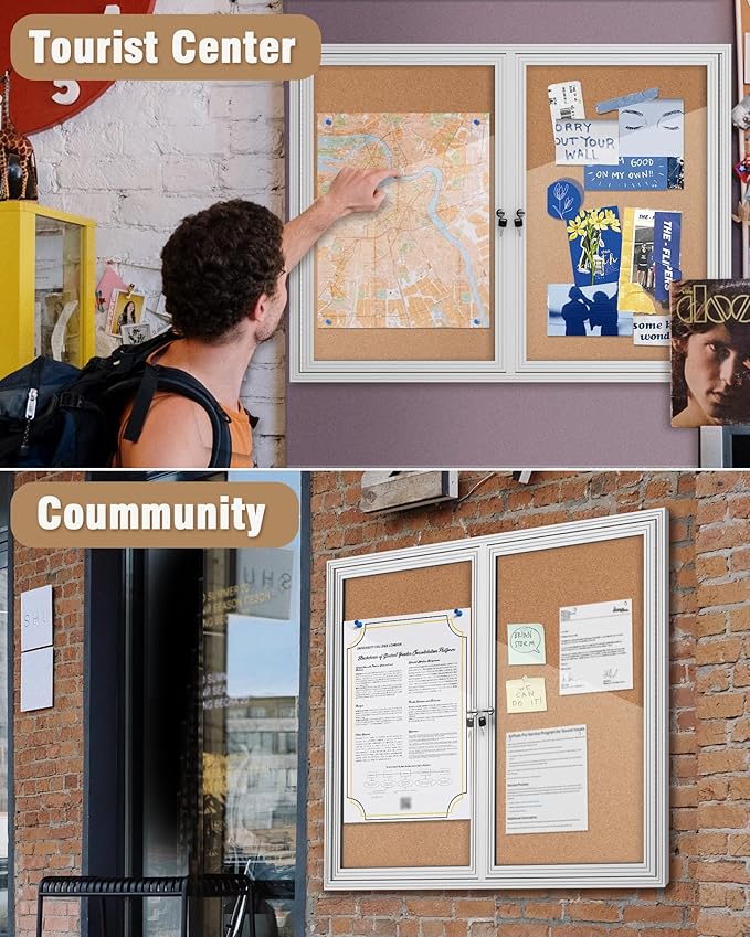 48"x36" Enclosed Bulletin Board, Outdoor Lockable Weather-Resistant Aluminum Cork Noticeboard for School & Office, Silver Frame w/Cork