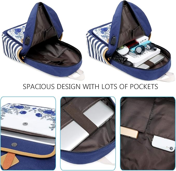 goldwheat Canvas Backpacks for Girls with USB Charging Port School Bookbag