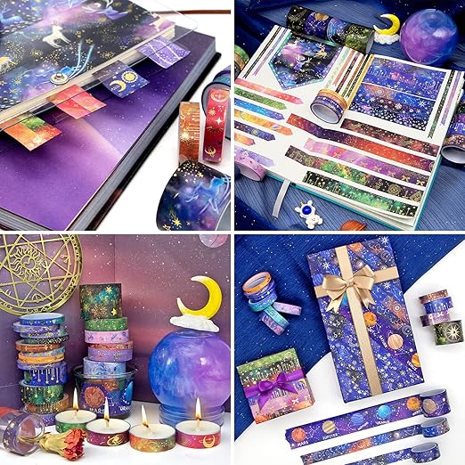 52 Rolls Washi Tape Set, Gold Foil Galaxy Washi Tape for Journaling Supplies, 4 Size Washi Tapes for Scrapbooking, DIY Journal Set, Craft, Gift Wrapping, Painting