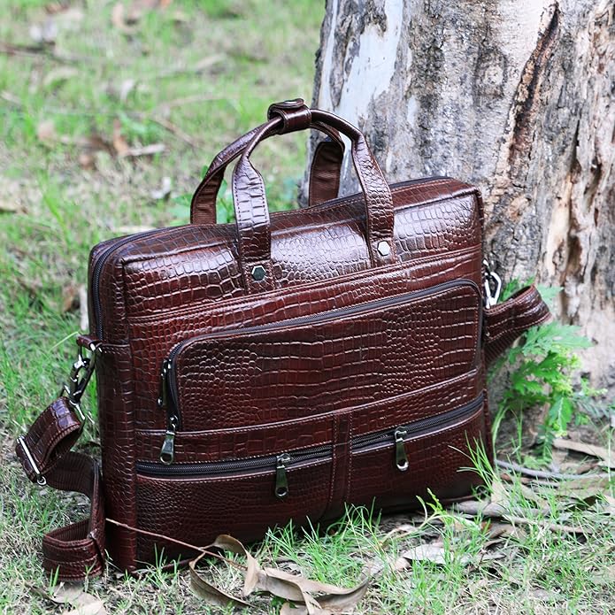 Crocodile Embossed leather bag for men, 5 Zipper Pockets with Spacious Compartments.,12 x 16 x 4 inches.