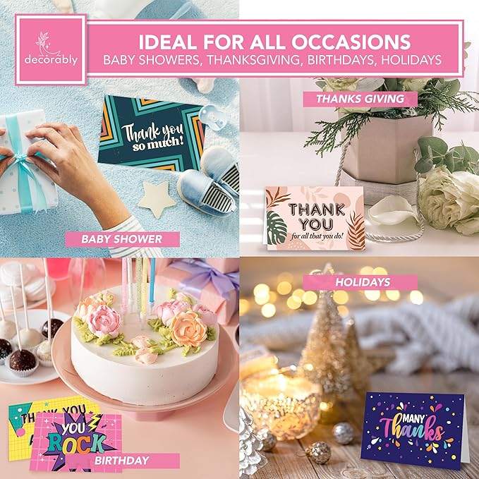 Decorably 24 Pack 6x4in Assorted Thank You Cards with Envelopes & Stickers, 24 Vibrant Designs Thank You Cards Variety Pack, Blank Inside - Birthday, School Events