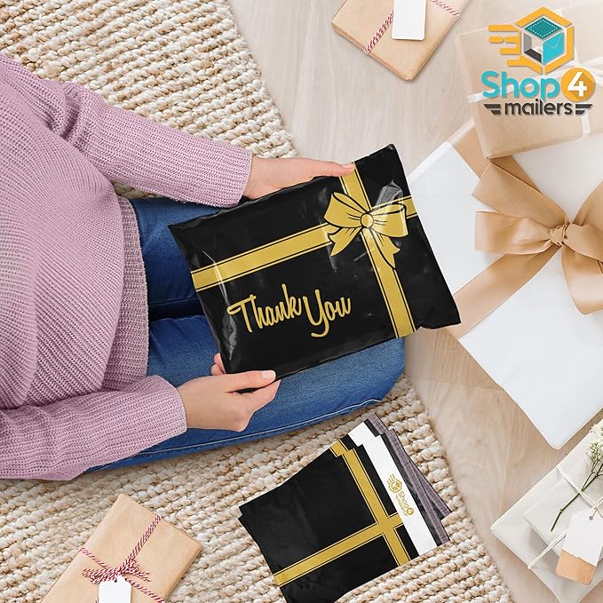 Shop4Mailers 10 x 13 Thank You Christmas Gift with Bow Black and Gold Holiday Poly Bag Mailer Envelopes 2 Mil (100 Pack, Black Gift)