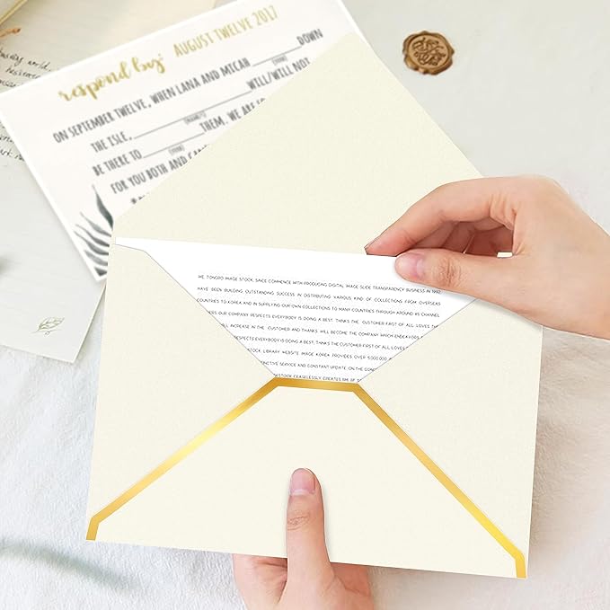 60 Pack Gold Envelopes 5x7 Bulk Beige, 250G Pearled Cardstock A7 Envelopes for Invitations Business Mailing Envelope with Gold Foil Border, A6 4x6 Envelopes for Wedding Baby Shower Cards