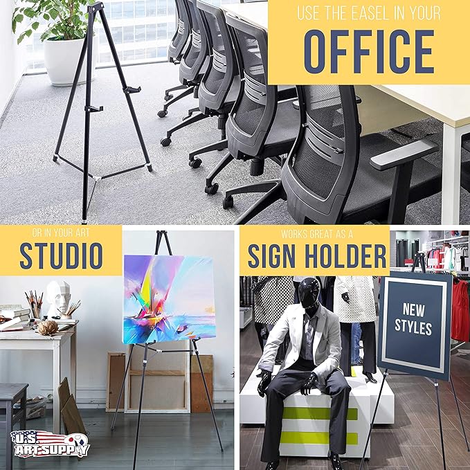 U.S. Art Supply 66" High Showroom Black Aluminum Display Easel and Presentation Stand - Large Adjustable Height Portable Tripod, Holds 25 lbs - Floor and Tabletop, Display Paintings, Signs, Posters