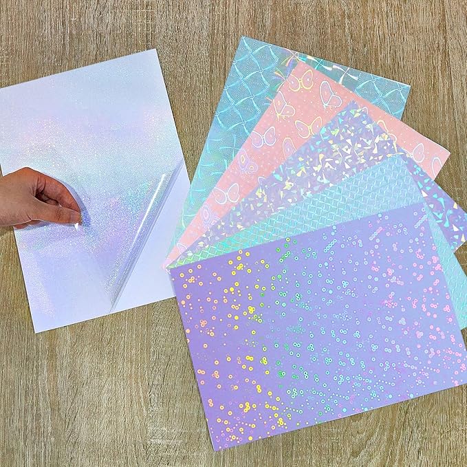 36 Sheets Holographic Sticker Paper Clear A4 Vinyl Sticker Paper Self Adhesive Waterproof Transparent Film Gem Rainbow Star Patterns, 11.7 x 8.3 Inch (Gem,Dot,Butterfly,Grid,Sand Star,Wind Mill)