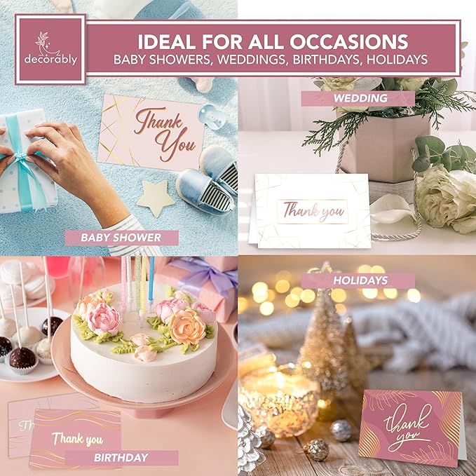 Decorably 24 Pack Gold-Foiled 6x4in Rose Gold Thank You Cards with Envelopes and Stickers, 6 Elegant Designs Pink Thank You Notes, Blank Inside - Wedding, Baby Shower, Birthday